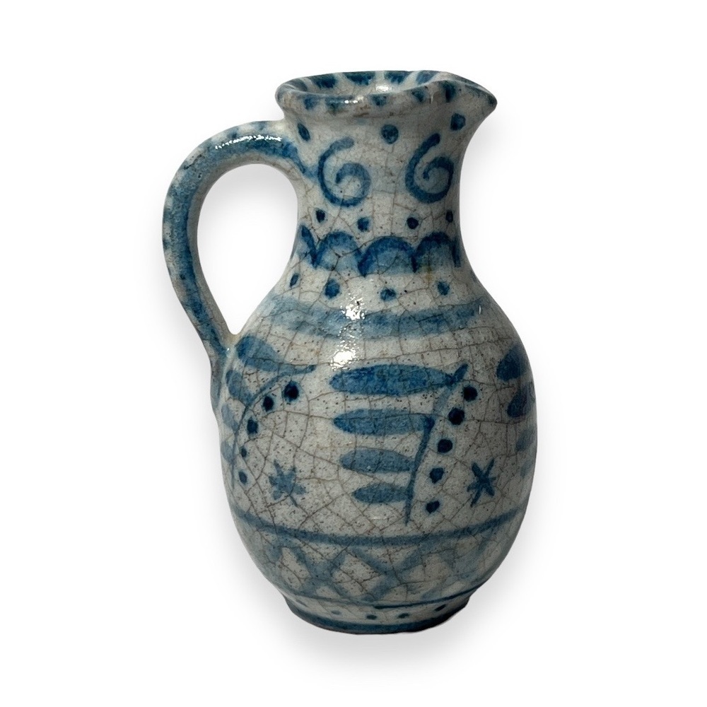 Mini Terracotta Clay‎ Pitcher Blue Hand Painted Artist Signed Mexican Pottery